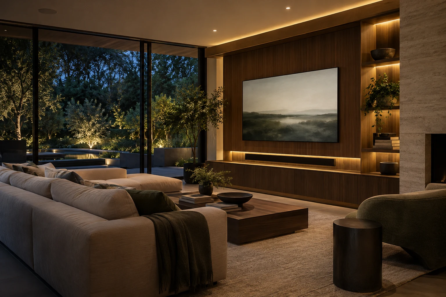 living room at dusk, warm layered lighting, wall-mounted display