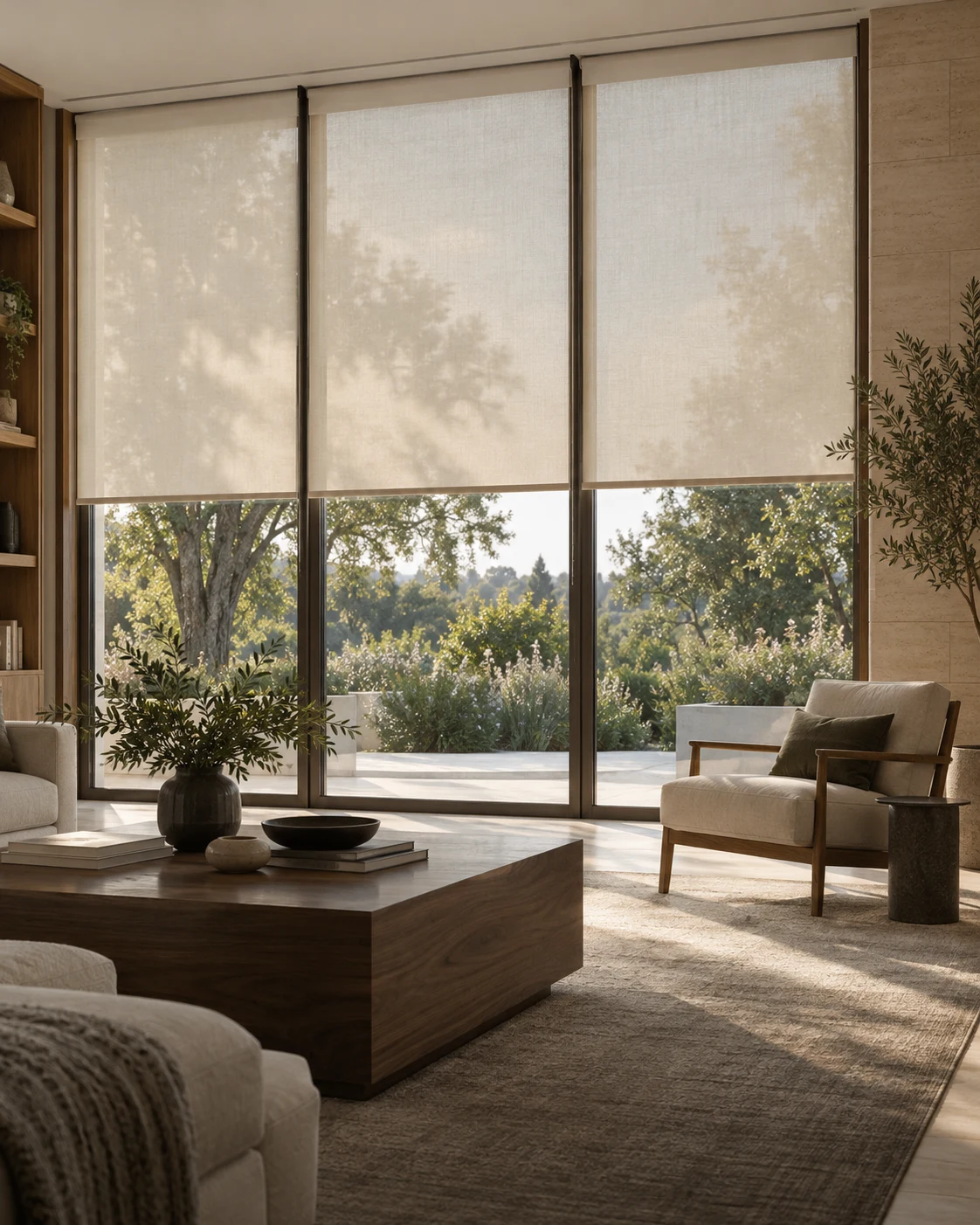 motorized shades over floor-to-ceiling glass